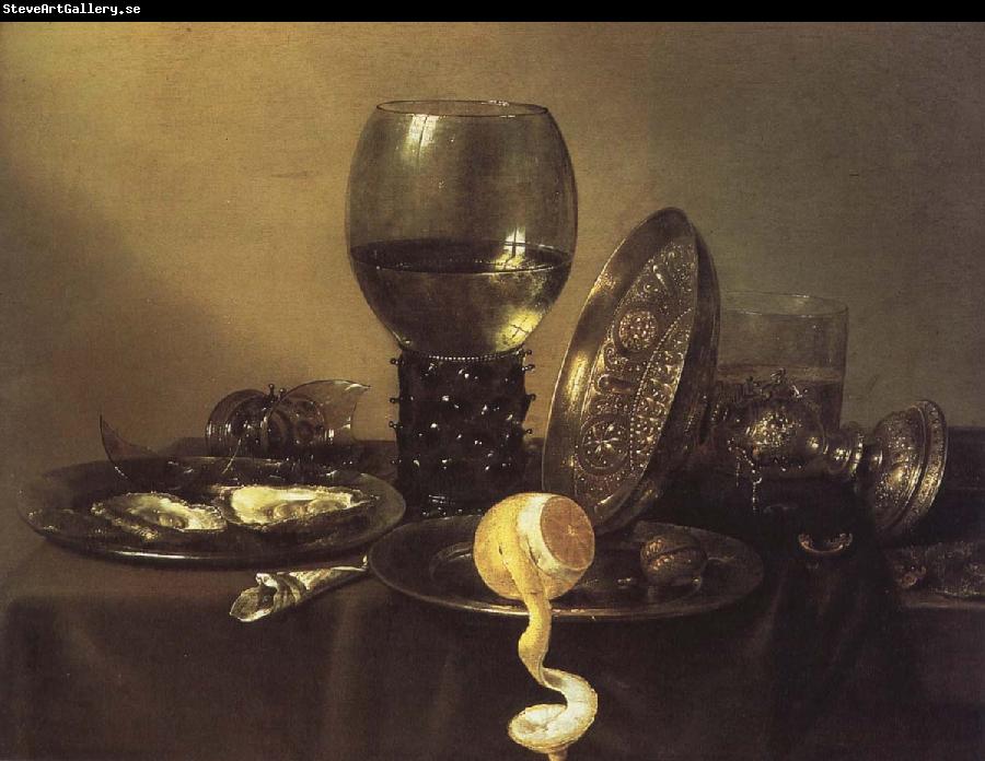 unknow artist oyster, rum and wine still life of the silver cup